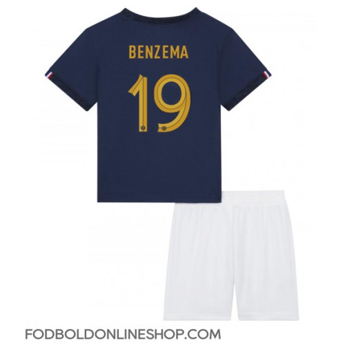 Frankrig Karim Benzema #19 Hjemme Trøje Børn VM 2022 Kortærmet (+ Korte bukser)